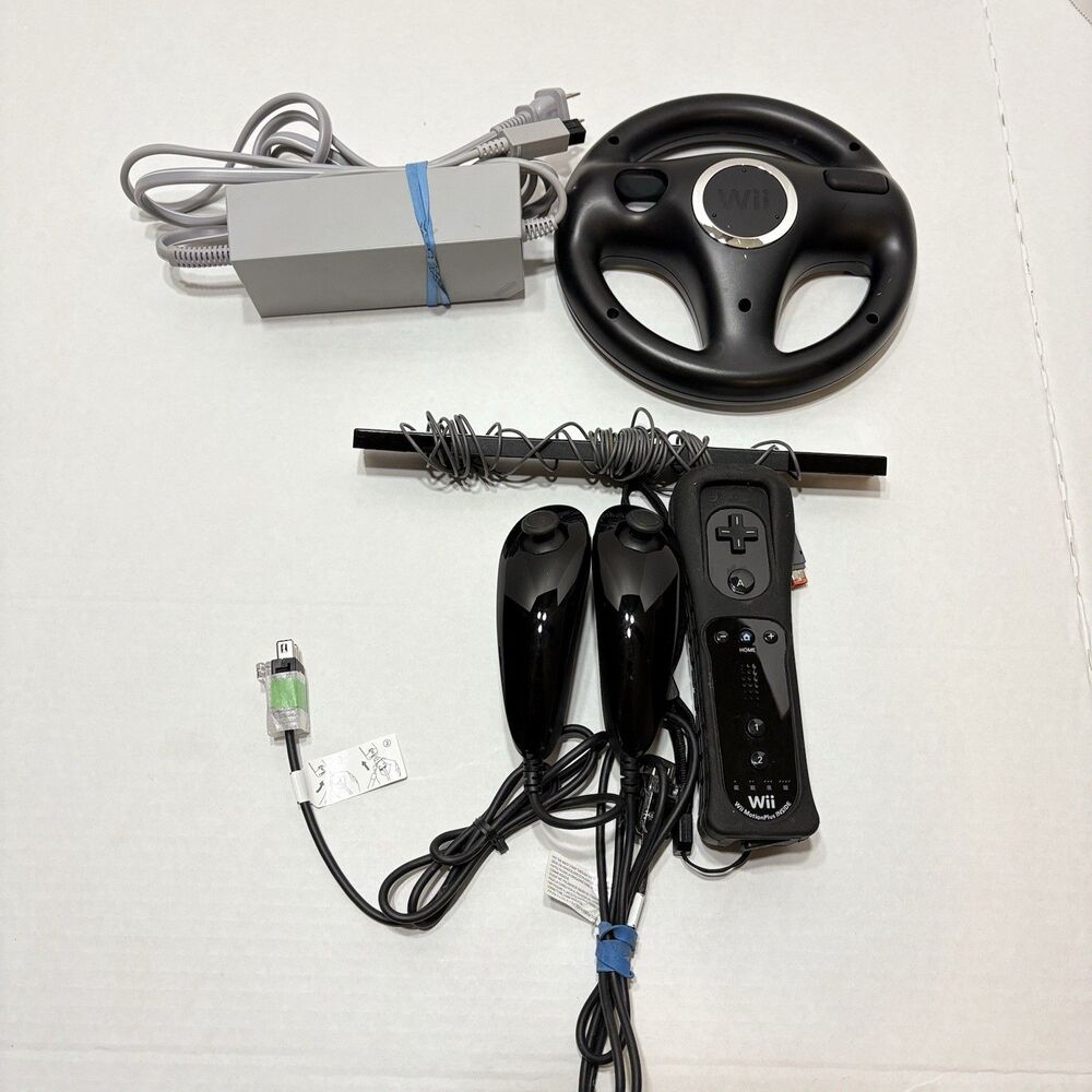Official Nintendo Wii Remote Plus Black, 2 Nunchuks, Sensor Bar & Wii Wheel OEM